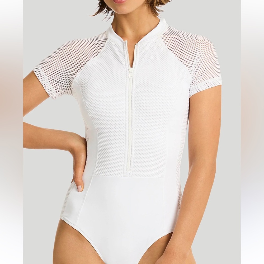 Women's White Short-Sleeve Zip Front One-Piece Swimsuit